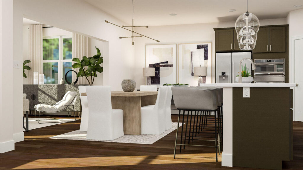 redefined monochromatic neutral dining room with white linen chairs