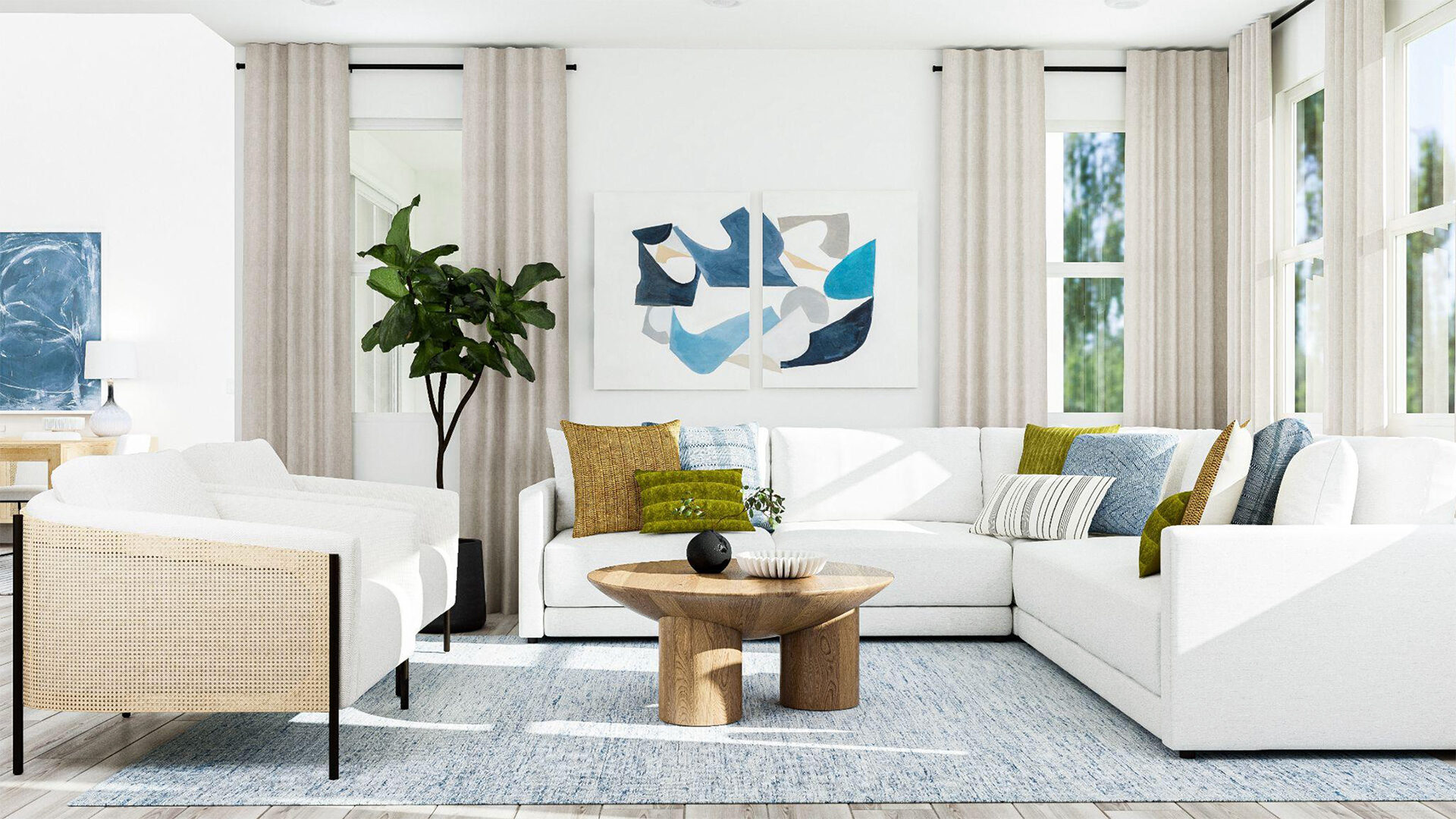 Get the Look Crisp Denim and Olive living room